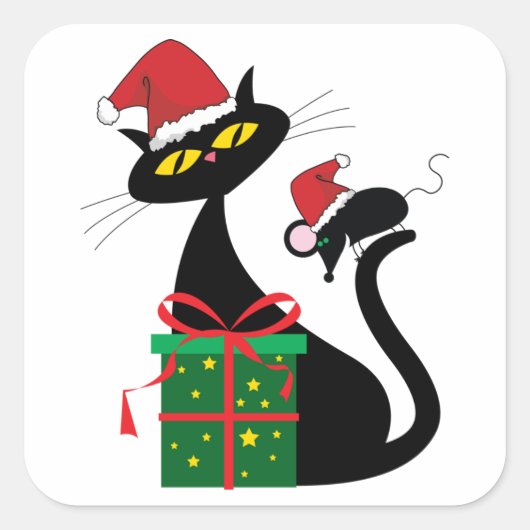 Kerstzwarte kat vierkante sticker (Voorkant)