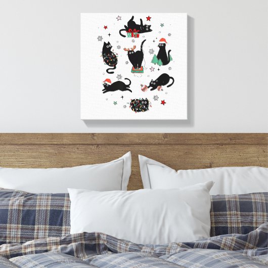 Kerstzwarte katten canvas afdruk (Insitu (Slaapkamer))