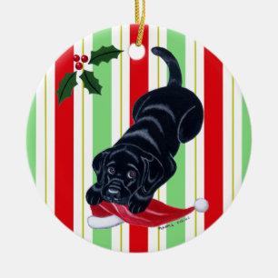 Kerstzwarte lab Puppy Santa Hat Keramisch Ornament