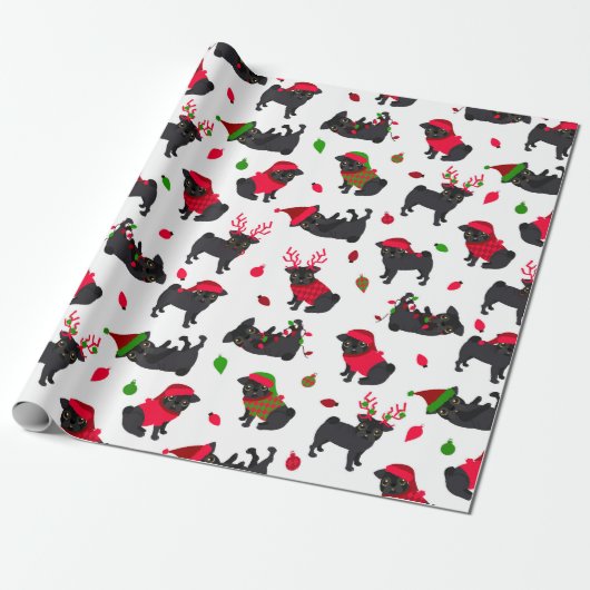 Kerstzwarte pugs White Cadeaupapier (Uitgerold)