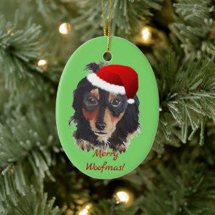 Kerstzwarte Tan Long Haire Doxie Santa Hat Keramisch Ornament