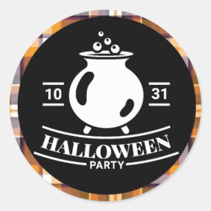 Ketel Halloweenfeest Zwart/Oranje Schotlandse ruit Ronde Sticker