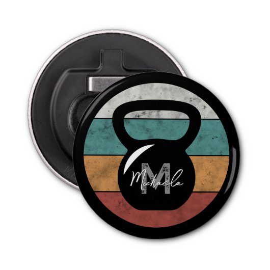 kettlebell aangepast monogram initiaal button flesopener (Voorkant)