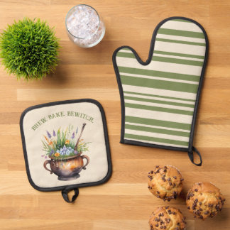 Keuken Heks Brouw Bak Betover Cottagecore Groen Ovenwant & Pannenlap Set
