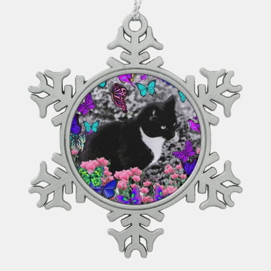 Keuken in Butterflies III, Tux Kitty Cat Tin Sneeuwvlok Ornament (Voorkant)