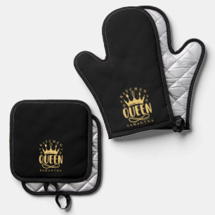 Keuken Koningin Gouden Kroon Aangepaste Naam Ovenwant & Pannenlap Set