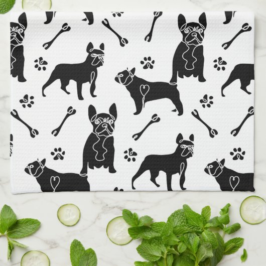 Keuken voor zwarte en witte bulldogs theedoek (Gevouwen)