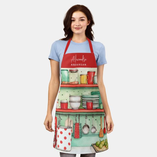 Keuken Waterverf Rood Script Naam Schort (Gedragen)