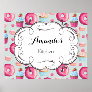 Keukenbord met donuts-macro's en cupcakes poster