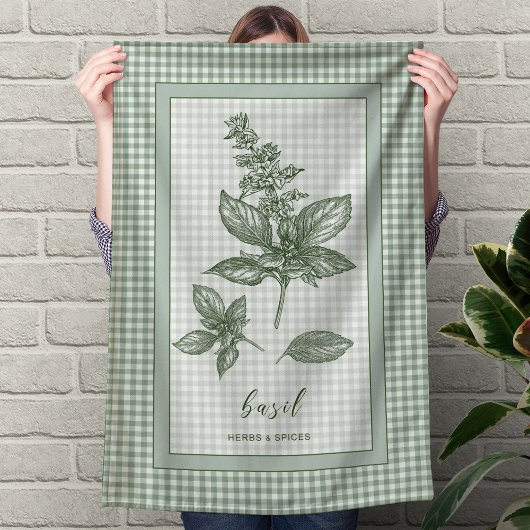Keukendoek met basilicumkruid - groene ginghamrand theedoek
