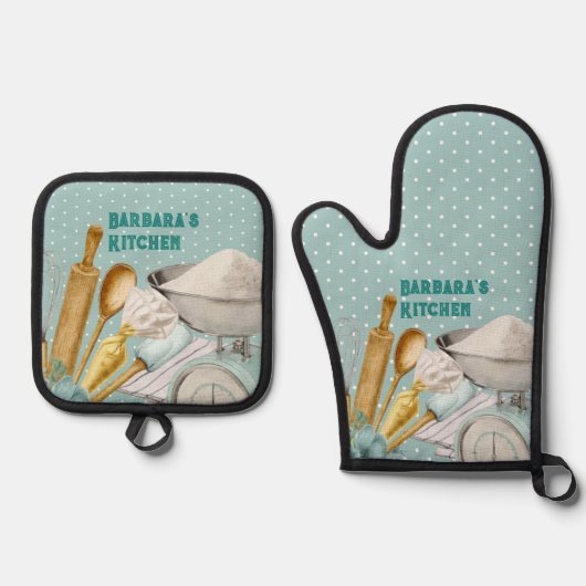 Keukengereedschap Bakbenodigdheden Blauwe stippen Ovenwant & Pannenlap Set (Voorkant)