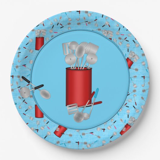 Keukengereedschap, Borden met blauw papier Papieren Bordje (Voorkant)