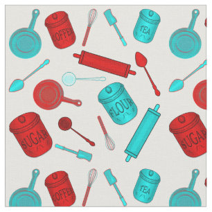 Keukengereedschap Patroon - Rood en Aqua-wit Stof