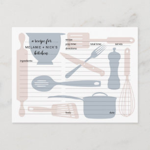 Keukengerei receptenkaarten, stoffig roos blauw briefkaart