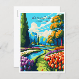 Keukenhof Tuinen vintage reisillustratie Briefkaart