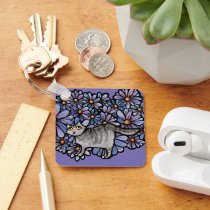 Keukenkat Paarse Daisies Gray Cat Gray Cats Sleutelhanger