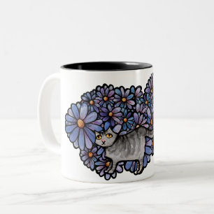 Keukenkat Paarse Daisies Gray Cat Gray Cats Tweekleurige Koffiemok
