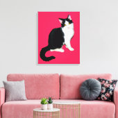 Keukenkat, zwart en wit, warm roze canvas afdruk (Insitu (Woonkamer))