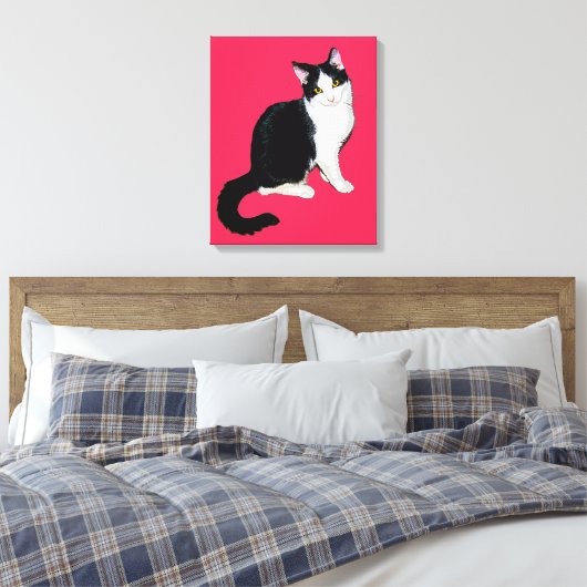 Keukenkat, zwart en wit, warm roze canvas afdruk (Insitu (Slaapkamer))