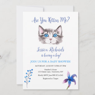Keukenkattenkatje blauw paars baby shower kaart