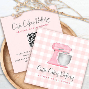Keukenmixer QR-code Blush Roze Gingham Bakkerij Vierkante Visitekaartje