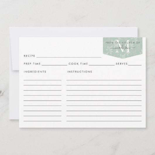 Keukenmonogram Blauwgroen Floral Foliage Recipe (Voorkant)