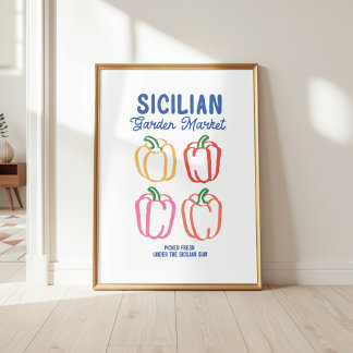 Keukenmuurdecoratie met pepers van de boerenmarkt poster