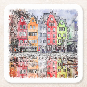 Keulen Duitsland Hand getrokken Waterverf schets Vierkante Kartonnen Onderzetter