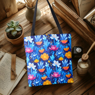 Keurig Blauw Bloemmotief – Speelse Botanische Prin Draagtas