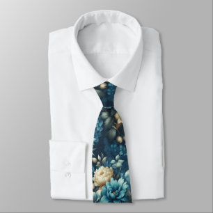 Keurig blauw en delicate crème bloemen stropdas