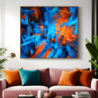 Keurige Blauwe Oranje Abstracte Kwaststreek Poster