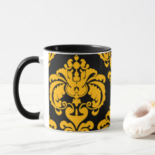 Keurige Gele & Zwarte Elegante Chic Damast Patroon Mok