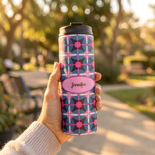 Keurige geometrische roze, paarse en blauwe retro thermosbeker