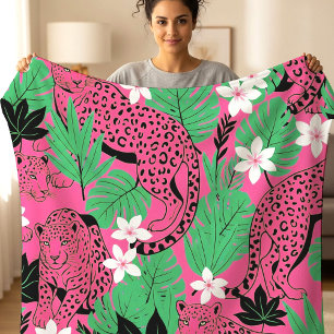 Keurige Roze Luipaard Tropisch Jungle Naadloos Pat Fleece Deken
