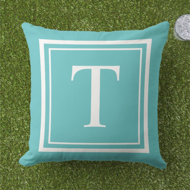 Keurige Turquoise Witte Vierkante Frame Monogram Buitenkussen (Gras)