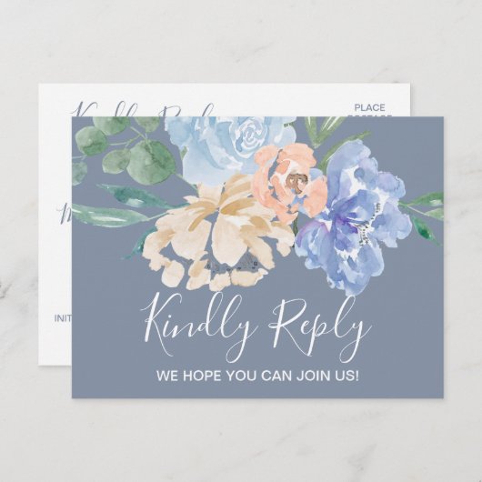 Keuze uit RSVP-Briefkaart in het menu Dusty Blue F (Voorkant / Achterkant)