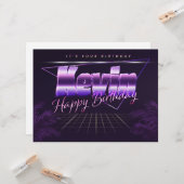 Kevin prénom carte rétro lilas anniversaire (Devant/Arrière en situation)