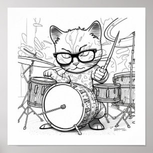 Kewl Jazzy Cat met zonnebrillen die trommels spele Poster