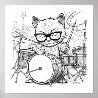 Kewl Jazzy Cat met zonnebrillen die trommels spele Poster