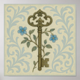Key & Blue Floral Wall Art - Antiek stijl Poster