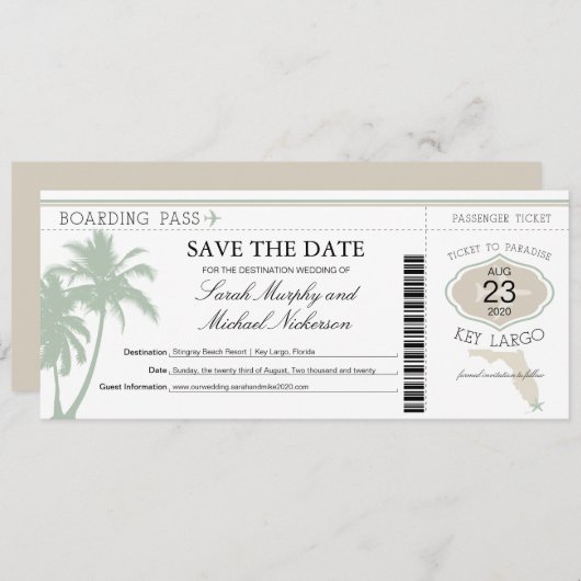 Key Largo Florida Save the Date Boarding Pass (Voorkant / Achterkant)