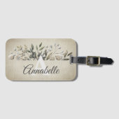 Khaki Botanical Leaves Monogrammed Bagagelabel (Voorkant (horizontaal))
