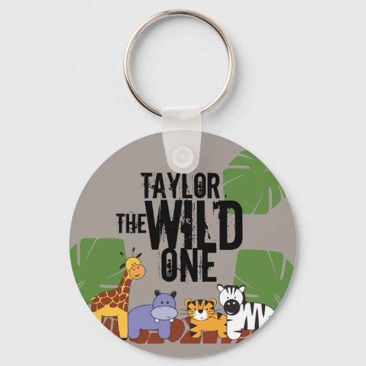Khaki Brown Wild One Safari Animals gepersonalisee Sleutelhanger (Voorkant)