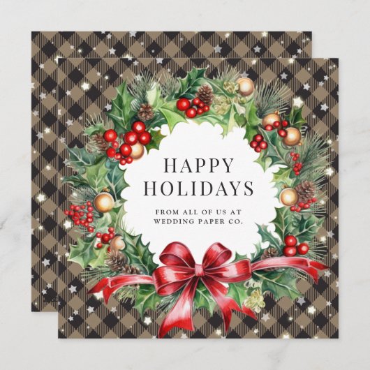 Khaki Buffalo Plaid Sterren Holly Berries Business Feestdagenkaart (Voorkant / Achterkant)