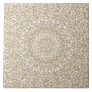 Khaki en Witte Sierlijke Mandala Patroon Tegeltje