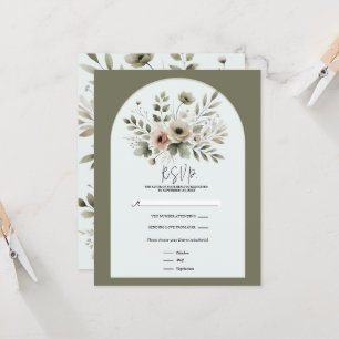 Khaki Olijfgroen Aquarel Bloem RSVP Kaart