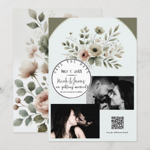 Khaki Olijfgroen Aquarel Bloem Save The Date Kaart