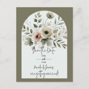 Khaki Olijfgroen Aquarel Bloemen Bewaar de Datum Aankondigingskaart