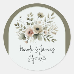 Khaki Olijfgroen Aquarel Bloemen Bruiloft Ronde Sticker