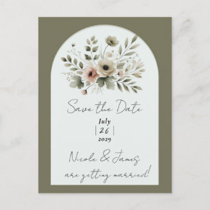 Khaki Olijfgroen Waterverf Bloemige Save the Date Aankondigingskaart